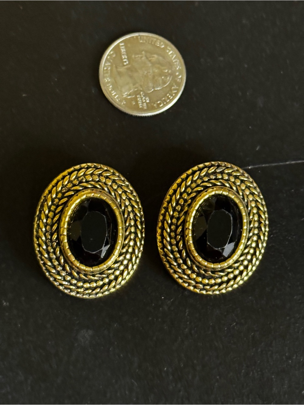 Gold-Tone Oval Black Stone Clip-On Earrings